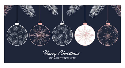 Elegant Christmas card featuring five decorative ornaments with intricate snowflake and leaf designs hanging from pine branches against a dark navy background.