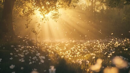 Obraz premium A serene scene showing soft sunlight filtering through trees, illuminating a field of delicate flowers. The tranquil atmosphere captures nature's beauty and harmony.
