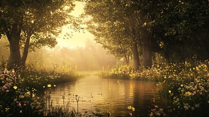 Obraz premium Experience tranquility in this mesmerizing river scene, where sunlight filters through lush trees and colorful flowers bloom, creating a serene outdoor oasis.