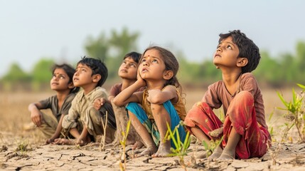 group of Indian children sitting in a cracked, dry field, looking up at the sky on blurred background