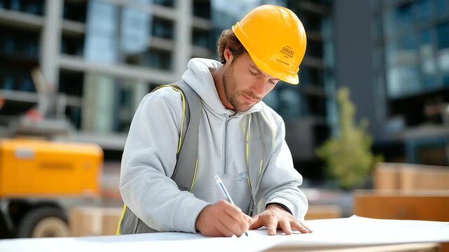 Construction foreman marking blueprint at site hammering workers spread on truck hood nearby hard hat rising suburb. Gritty photo with paper creases hammer marks housing prog