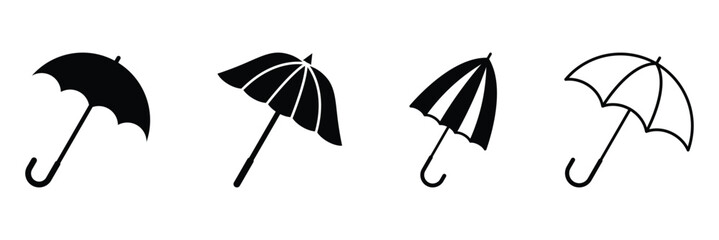 Umbrella icon vector silhouette on white background. Umbrella icon. Protection parasol symbol. Rain weather signs. Season symbols. Rainy icons. Black, flat color. Vector isolated sign. © Oliver Vandenberg