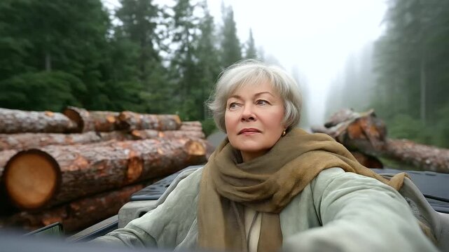 Forest highway with fog and pines logs on path soft mist light. Middle aged woman driving with scarf peering ahead. Wool scarf textures bark on logs cinematic scene. three qua