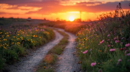 A winding dirt path leads through a vibrant field of wildflowers at sunset, bathed in warm golden light.