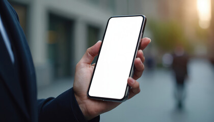 Man in suit holds smartphone with blank white screen. Concept of mobile business. Phone screen mockup. Template. Digital display for app, application. Modern lifestyle. Career. Online connection.