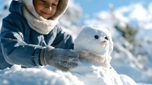 Inuit child building snowman on snowfield thick mittens powdery snow. Frayed scarf on snowman scuffed wooden sled nearby. Matted parka swaying in wind. Photo with snow clumps