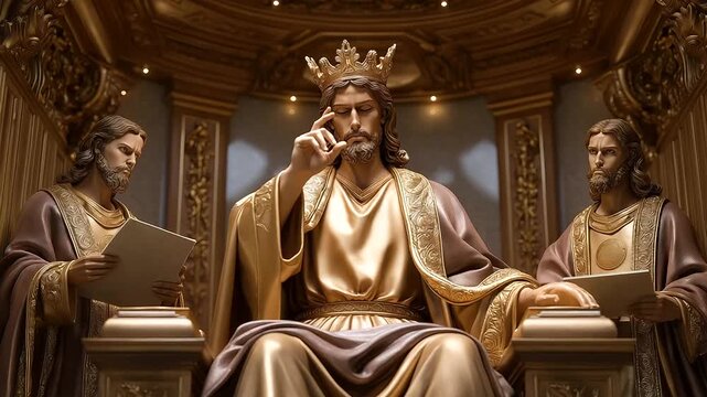 King on throne with engraved crown carved wood patterns. Draped velvet robe standing advisors with sealed scrolls etched bronze goblet. Regal photo inspired by King Solomon wit