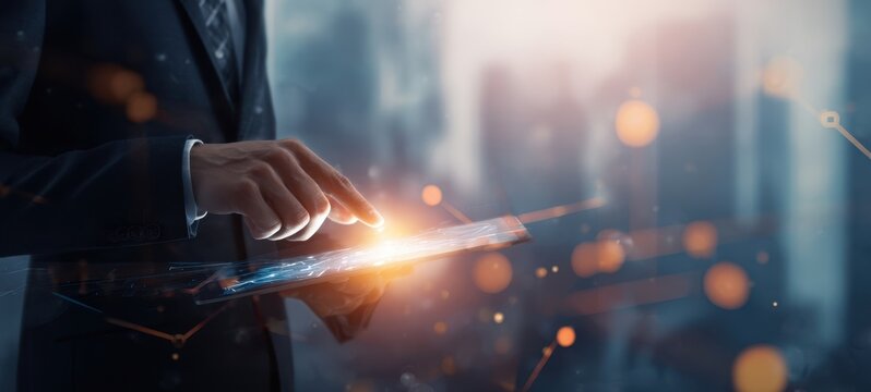 The tablet glowing with data being used by a businessman in a futuristic cityscape
