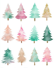 Fototapeta premium Pastel watercolor Christmas trees clipart sheet with 12 cute designs in pink, mint, beige and green tones on white background for children crafts and holiday printables