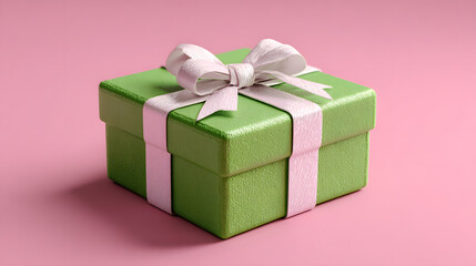 Fototapeta premium Green Gift Box with White Ribbon on Pink Background