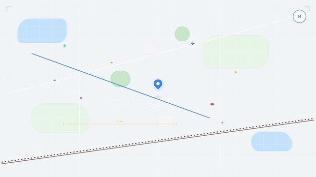 Abstract digital map interface with navigation route and location pin showing travel path and
