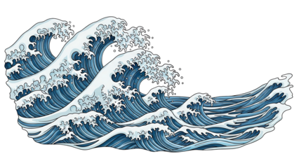 Powerful waves, stylized in dark blues and whites