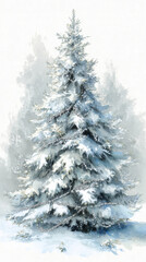 Obraz premium Watercolor snow covered christmas tree with silver garland in cool tones and soft shadows fading into winter forest background