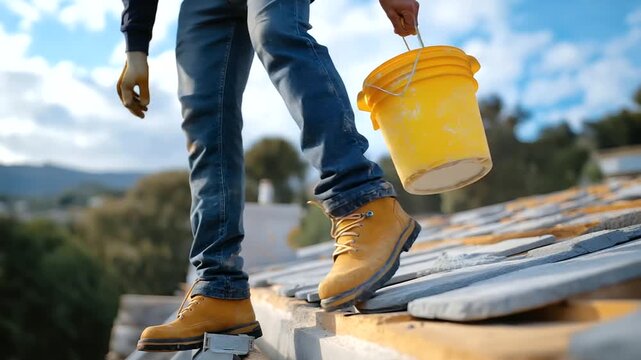 Roofer repairing tile roof after storm slipping boots cracked loose tiles. Scratched pry bar lifting dented bucket with replacements scuffed ladder. Rugged photo with tile edge