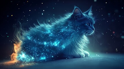 A cat is sitting on a surface with a blue and white background