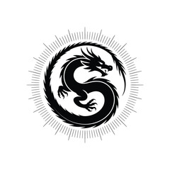 Striking Dragon Silhouette Illustration A Powerful Black Vector Design of a Mythical Creature Encircling with Radiating Lines on a White Background
