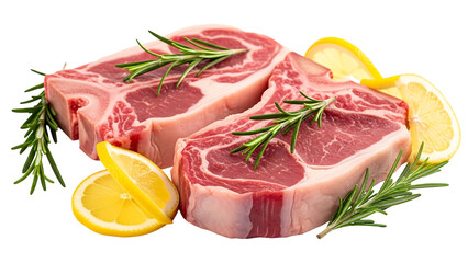 Two raw beef steaks, adorned with sprigs of rosemary and lemon slices, lie on a plain background