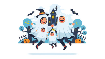 Spooky Family Halloween Celebration: Joyful Family in Halloween costumes celebrate the spooky season, enjoying the vibrant festivity together.