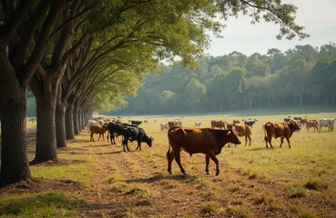 Picturesque farmland view with cows grazing in meadow lined by row of trees. Cattle herd in green pasture on farm, representing agriculture, livestock, rural life in countryside.
