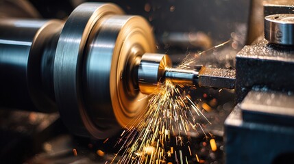 Close-Up of Lathe Turning Operation: Metal Workpiece Being Cut, Bright Sparks Flying, Precision Cutting Tool in Action, Industrial Machining Process—High-Def Shot for Engineering Education