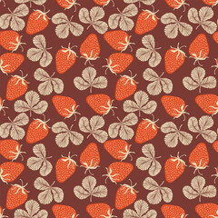 Seamless pattern with strawberry on color background. Natural delicious fresh ripe tasty fruit. Vector illustration for print, fabric, textile, banner, other design. Food concept.