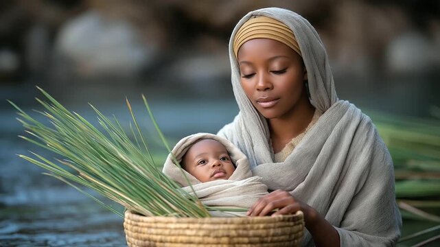 Woman weaving basket by river steady hands pliable reeds. Sleeping baby in tight wool blanket lapping water swaying rushes. Protective photo inspired by Moses infancy with ree