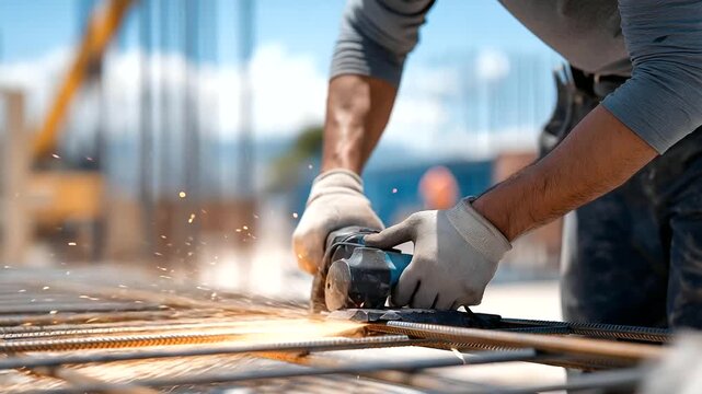 Worker cutting rebar at construction site sparks flying steel bars stacked safety gloves on concrete nearby. Gritty photo with sparks shiny rebar industrial vibe. three quart