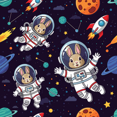 Adorable cartoon astronaut bunnies float in space amidst planets and rockets Fun childrens pattern