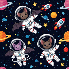 Cute cartoon bats in astronaut suits floating in outer space with planets and rockets