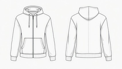 Technical drawing of a zippered hoodie, showcasing its front and back views in a simple, clean design.