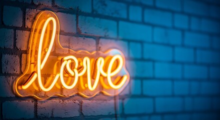 Neon Love Sign on Brick Wall.