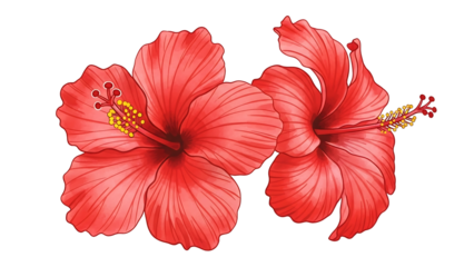 Two vibrant red hibiscus flowers, detailed illustration, outlined in dark