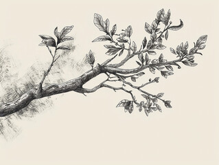 Fototapeta premium Botanical illustration of a branch with leaves in a monochromatic pencil drawing