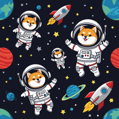 Cute Shiba Inu astronauts in space with planets and rockets Adorable cosmic adventure