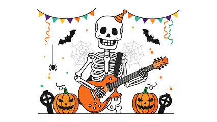 Spooky Halloween Jam Session: An animated skeleton in a party hat strums a guitar against a festive Halloween backdrop, complete with grinning pumpkins, playful bats, and decorative garlands.
