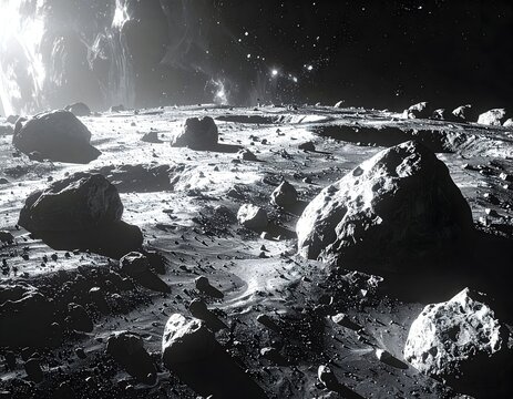 Gray asteroid surface with rocky terrain and starry backdrop