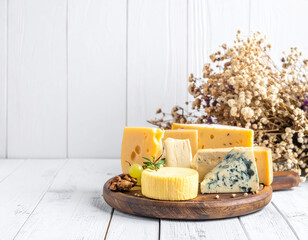 Plateau de fromages variés posé sur une table en bois blanc dans un décor blanc minimaliste contemporain. Generated Image. 