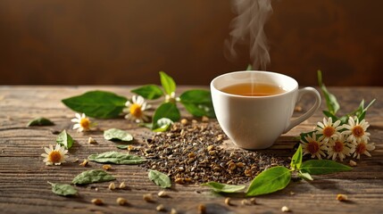 A steaming cup of herbal tea surrounded by wildflowers and leaves on a rustic wooden table.