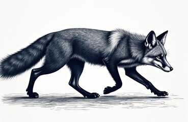 Obraz premium Vintage style monochrome side view illustration fox walking. Detailed pen ink art graphic design. Dark fur hair detail. Wildlife animal mammal portrait, silhouette rendering.