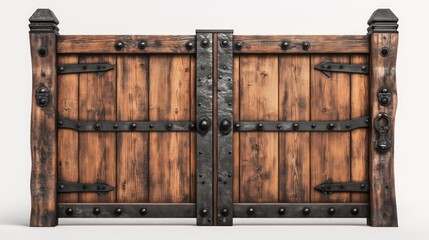 Sturdy wooden entrance gate with bold panels, dark metal highlights, and modern charm
