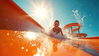 Joyful boy splashes down water slide in summer aqua park on blue sky backdrop. Child enjoy speed and wet adventure during vacation holidays. Carefree childhood concept.
