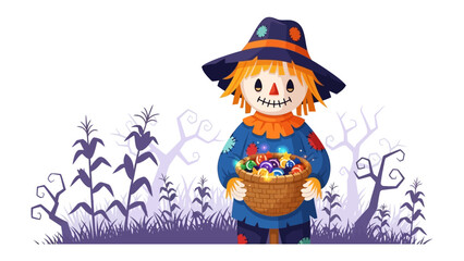 Halloween Scarecrow with a Basket of Candy: A festive, handcrafted scarecrow stands in a whimsical autumn scene, cradling a woven basket brimming with colorful candies.