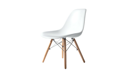 White plastic seat, curved shell design, light wood legs, simple, modern chair