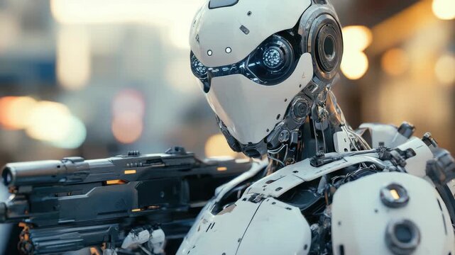 Robot warrior standing in a modern cityscape. AI-driven cybernetic mech ready for combat. Sci-fi fantasy theme.