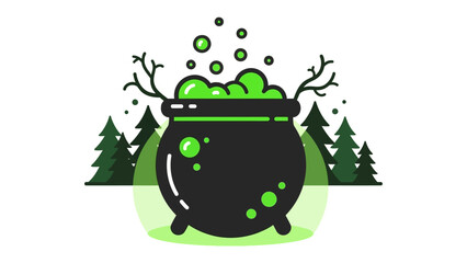 Mysterious Brew in a Cauldron: A flat illustration of a dark cauldron bubbling with a vivid green potion, set against a minimalist backdrop of a forest, ideal for mystical and enchanting content.