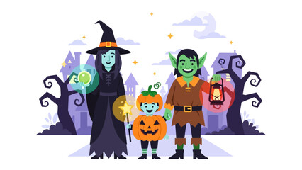 Enchanting Halloween Gathering: A whimsical scene unfolds as a trio of costumed characters, including a mystical witch, a jolly pumpkin child, and a mischievous goblin.