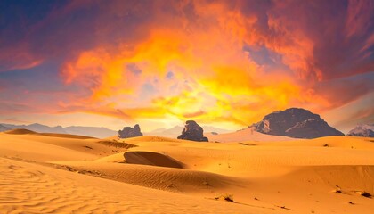 A majestic desert landscape bathed in warm sunset light, revealing sand dunes, rocky formations, and a vibrant, fiery sky