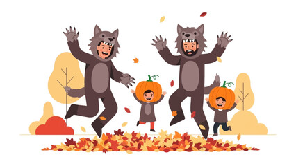 Autumnal Amusement: A spirited autumnal tableau unfolds with two individuals in whimsical wolf costumes and two small child in joyful pumpkin costumes leaping amidst a vibrant pile of falling leaves.