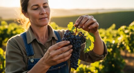 Medium frame of a vintner inspecting grape clusters, with focused hands and grapes against a blurred vineyard landscape, capturing rural winemaking tradition