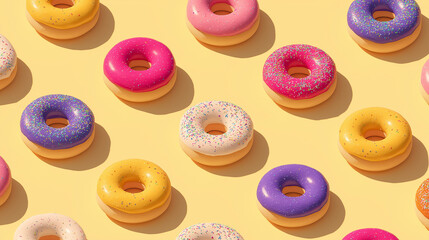 Brightly colored donuts in pink, blue, and yellow are neatly arranged against a cheerful yellow background. Each donut is topped with sprinkles, creating a playful atmosphere.